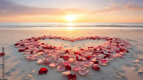 A romantic valentine tableau with red rose petals creating a heart shape on a pristine, white sandy beach. 