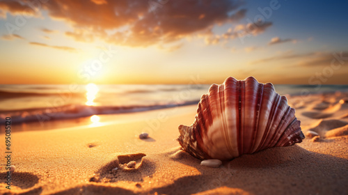 A seashell on a sandy beach with the sun shining in morning photo
