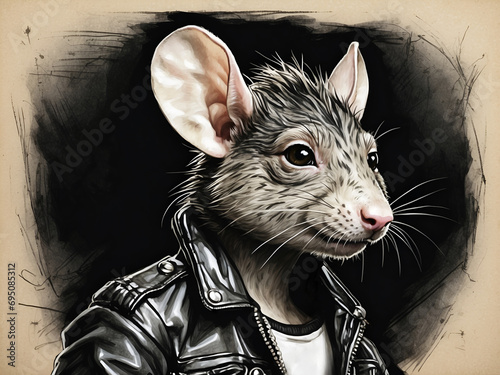 rock and roll rat animal with cool biker black leather jacket photo