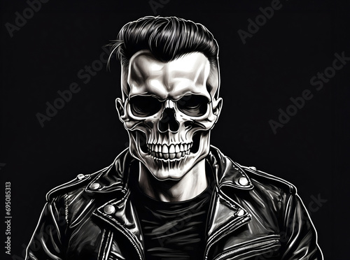 zombie rocker skull with rockabilly haircut and rock and roll style black leather jacket