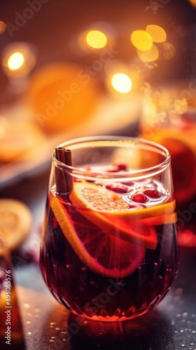 A glass of red wine with orange slices and cinnamon sticks. Generative AI.