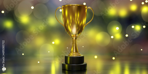 Golden trophy cup dual handle on bokeh background. A reminder of a specific achievement. 3d render