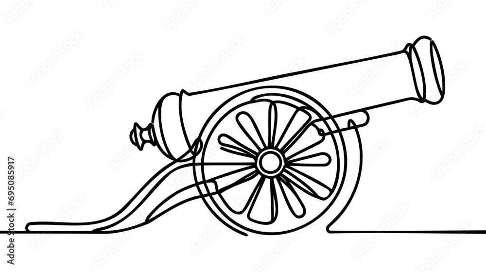 Cannon one line drawing. Cannon continuous line. Army warfare equipment in battlefield one line concept - obrazy, fototapety, plakaty 