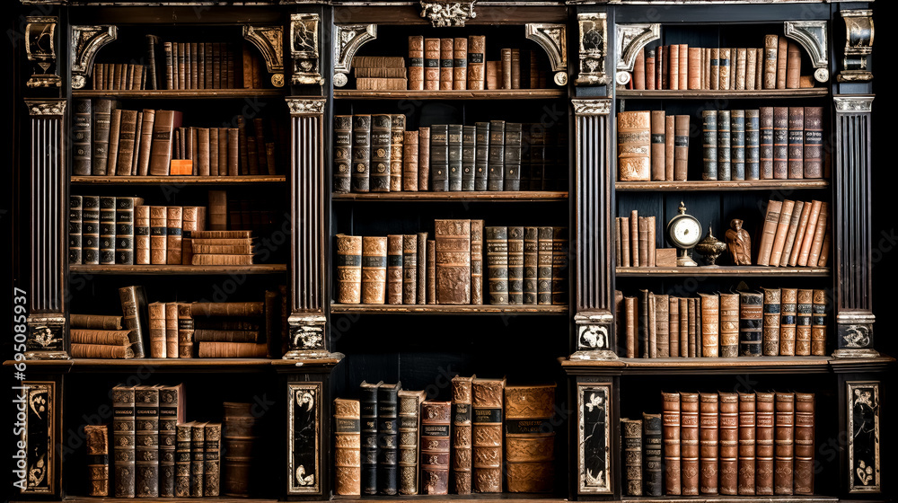 Old bookshelves with candles, lanterns and other decorative objects. Old bookshelves with candles, lanterns and other decorative objects.