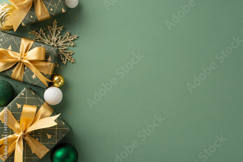 Elegant New Year composition. Top-view artfully wrapped gifts, deluxe baubles, intricate snowflake ornament. Gold sequins add touch of glamour to green backdrop, providing space for wishes or adverts