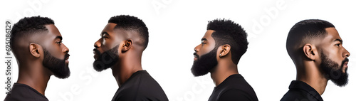 Set of stylish black man with beard: business black man at barber shop, side view, Isolated on Transparent Background, PNG photo