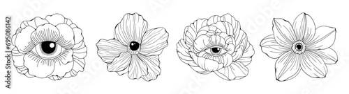 Minimalist linear flowers. Doodle peony daffodil flower with eye inside bud, nature floral elements tattoo sketch. Vector set