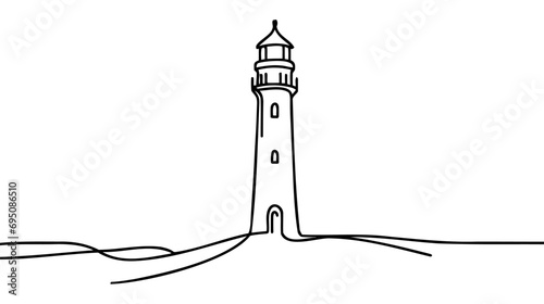 Continuous one simple single abstract line drawing of lighthouse icon in silhouette on a white background.