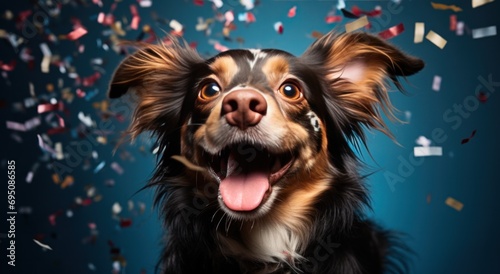 a dog is playing with confetti © olegganko