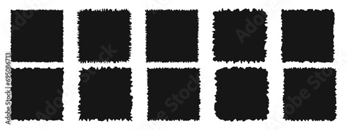 Set of black square shapes with torn edges isolated on white background. Jagged paper or cardboard textures. Empty ripped text box, label, tag, photo frame templates. Vector graphic illustration.