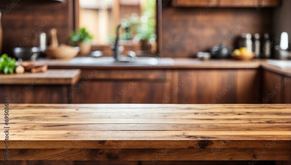 Blurred Kitchen Countertop on Empty Wooden Table Background, Wooden Table Blurred Kitchen Countertop on Empty Wooden Table Background, Wooden Table