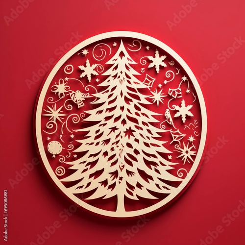 Christmas tree. Paper cut on red background with shadow, Ai generator