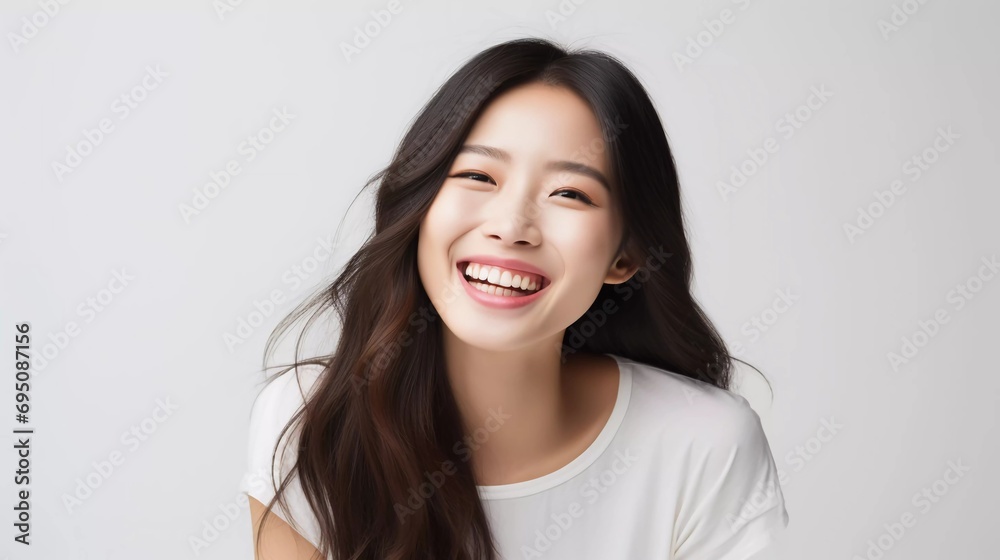 professional studio photo of beautiful young white Japanese female model with perfectly clean teeth with laughing expression, isolated white background professional studio photo of beautiful young white Japanese female model with perfectly clean teeth with laughing expression, isolated white background
