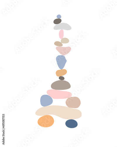 Zen stones cairns simple abstract flat style vector illustration, relax, meditation and yoga concept, boho colors stone pyramid for making banners, posters, cards, prints, wall art