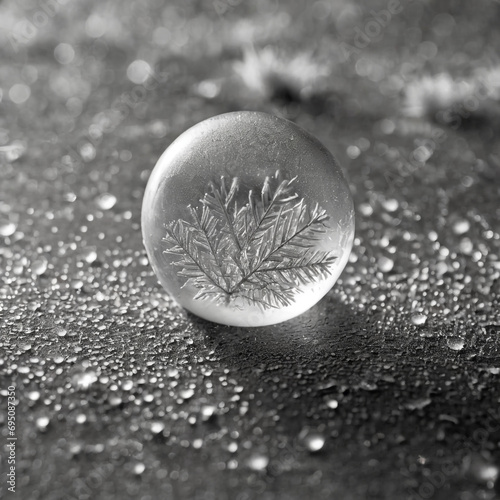 Crystal ball on the snow in the middle of the ball are frozen snowflakes and winter patterns