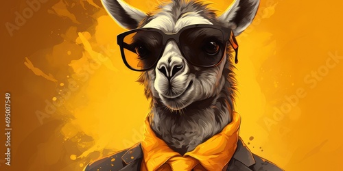Lama in a business suit and sunglasses on a yellow background, space for text. Generative AI
