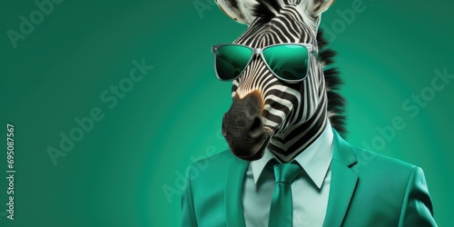 Cool and stylish zebra on a green background in a business suit and glasses. Generative AI photo