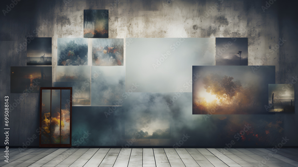 Modern Art Gallery Wall with Abstract Foggy Landscapes