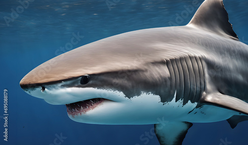 Close up of fearsome shark swims underwater.