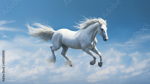  a white horse is galloping through the air with its mane blowing in the wind and clouds in the background. © Olga