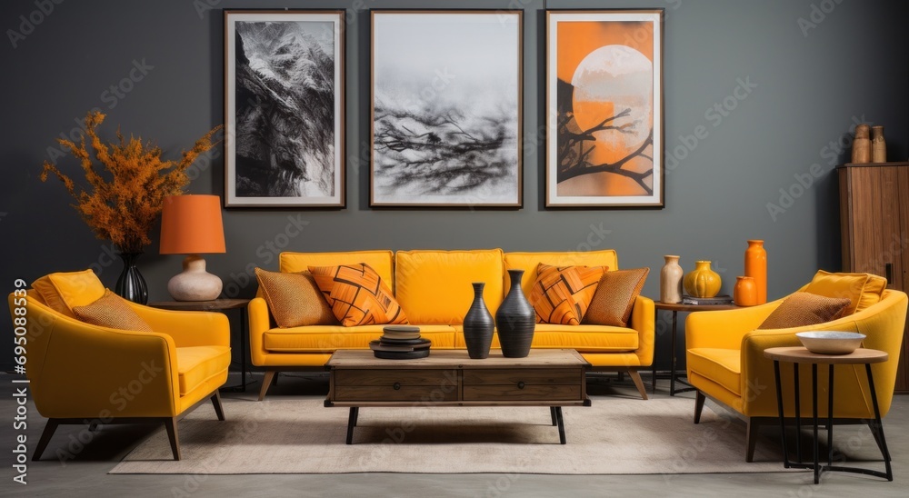 Fototapeta premium a living room full of yellow couches and framed pictures