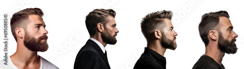 Set of distinguished man with haircut and beard: executive at barber shop, side glance, Isolated on Transparent Background, PNG
