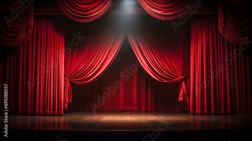 A stage with a red curtain and a stage light on its