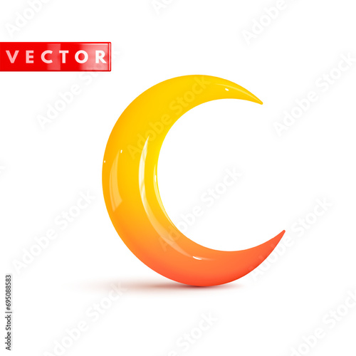 Glossy yellow 3d crescent moon with red gradient realistic style rendering. Yellow cartoon plastic icon crescent moon isolated on white background. Vector illustration