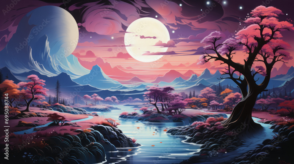 Enchanting Night Skies: A Celestial Journey through Captivating Landscapes and Celestial Wonders of Nature in Breathtaking Illustrations, generative AI