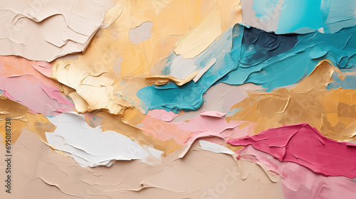 Peinture sur plâtre en relief appliquée à la truelle, effet de texture et de couleurs variées sur base neutre avec touche de rose, de bleu et d'orange