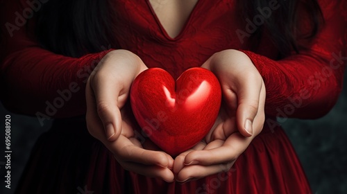  a woman in a red dress holding a red heart in her hands with both of her hands on her chest.