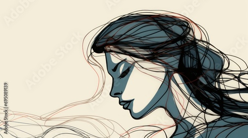  a drawing of a woman's face with red and blue lines coming out of the back of her head.
