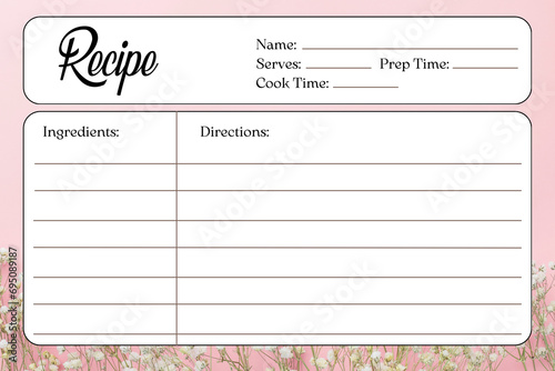 Blank Recipe Cards for Bridal Shower and Wedding, recipe card template, pink flower background