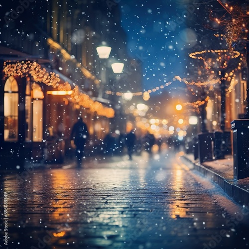 Beautiful blurred street of festive night or evening city with snowfall and Christmas lights. Abstract christmas defocused background. 