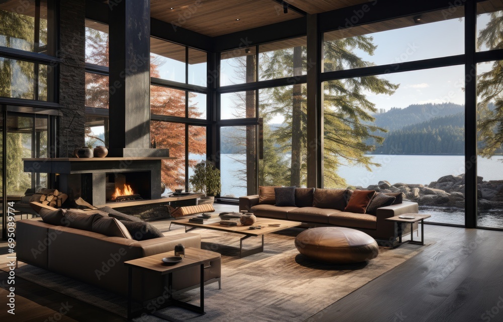 Fototapeta premium a living room with large windows overlooking a lake