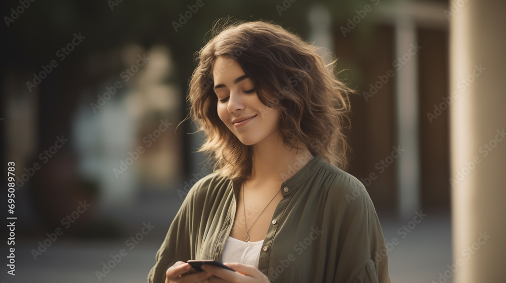 young woman looking at her phone and smiling on the sidewalk - obrazy, fototapety, plakaty 