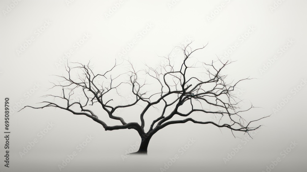  a black and white photo of a bare tree in the middle of a foggy day with no leaves on it.