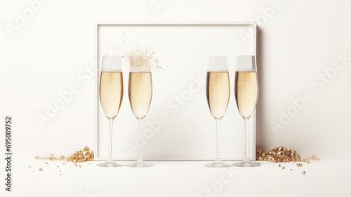  three champagne flutes in front of a picture frame filled with gold flakes and sprinkles on a white background. photo