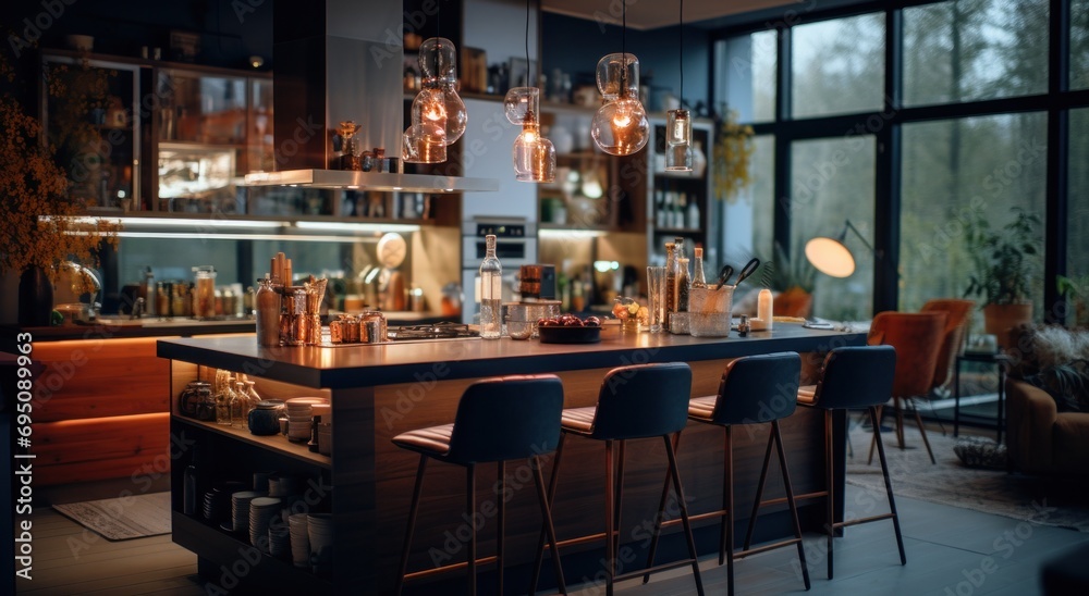 a kitchen with lots of lights