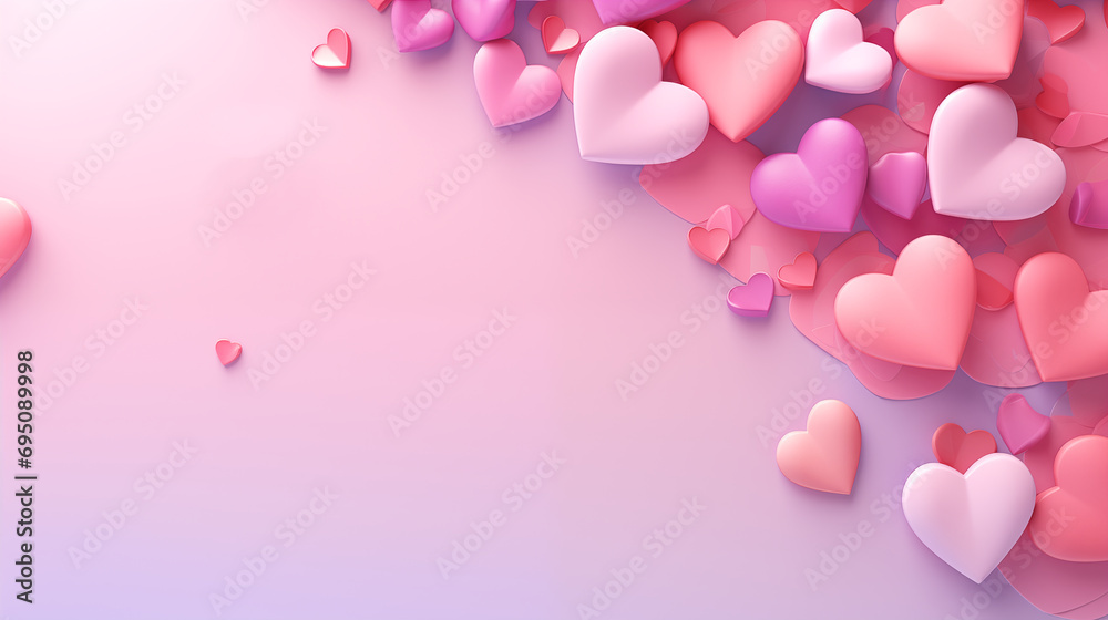valentine's day themed pastel pink background with 3d red and pink hearts, shapes and a card on the top right
