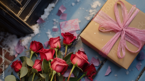 valentine's day bouquet of red roses and gift wrapped in gold paper and red ribbon delivered at a snowy doorstep