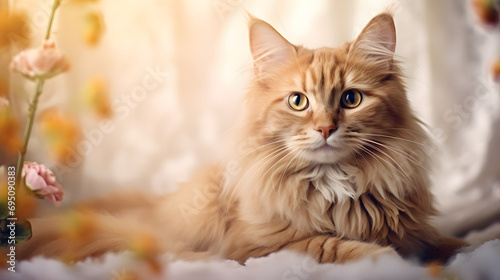 Fluffy Ginger Cat Lying Amongst Soft Flowers with Warm Light Background