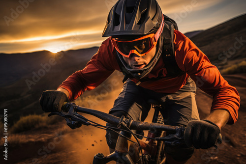 a mountain biker, wearing a helmet and sunglasses, is riding in the sunset