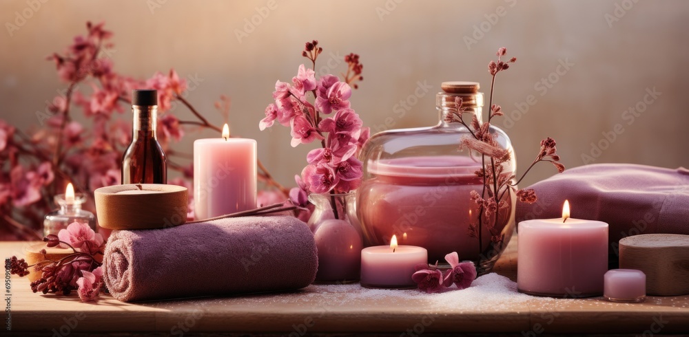 a pink table with flower decorations and spa products a pink table with flower decorations and spa products