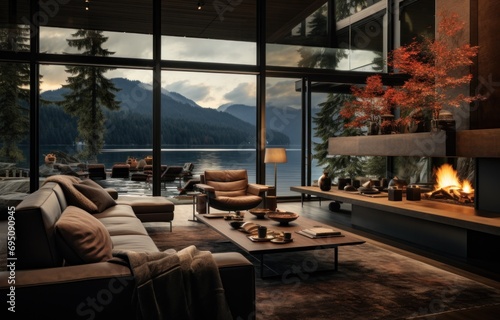 a modern living room with a view of the lake