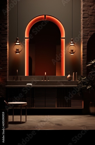 a sink with black walls and light gray doors