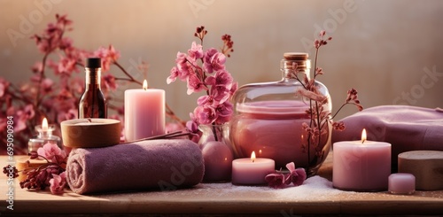 a pink table with flower decorations and spa products