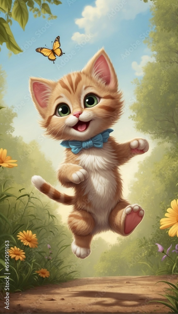 Cartoon of an adorable kitten jumping to catch a butterfly