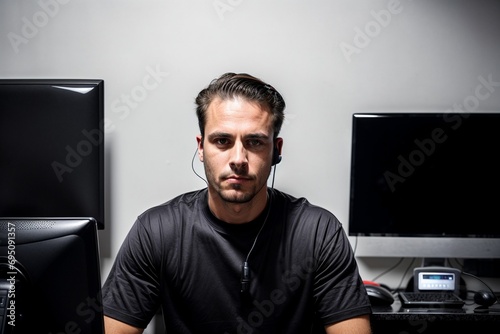 A spy secret agent listening in and wiretapping in using stealth cover operation in a safe room surveilling secretly 