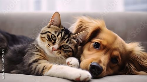 Adorable Cat and Dog Duo Peek Out from Under a Blanket on a Sofa - Capturing a Sweet Moment of Pet Togetherness